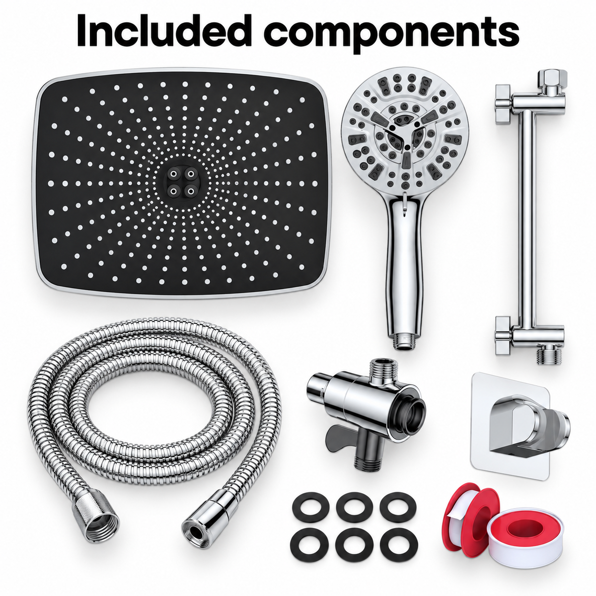 AUHUB rainfall shower combo in chrome – Included components