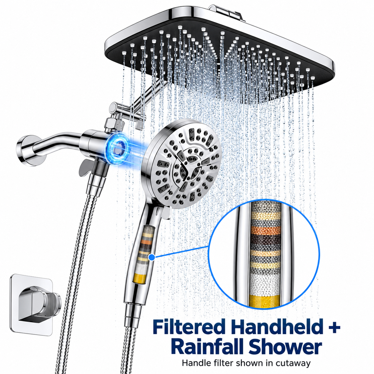 AUHUB rainfall shower combo with handheld handle filter shown in cutaway