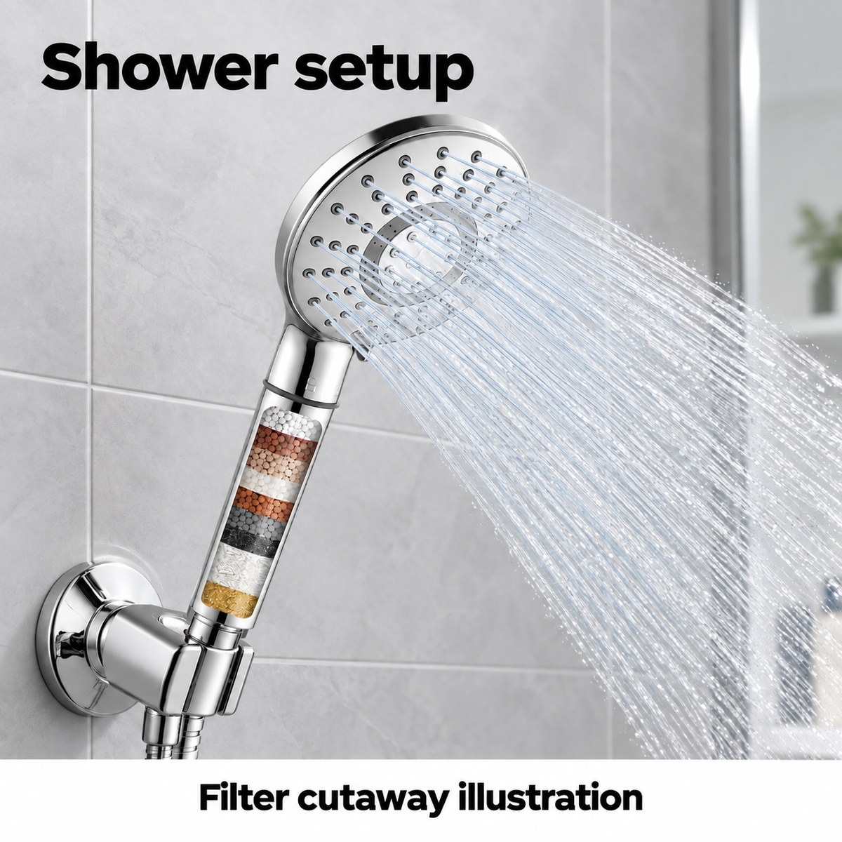 AUHUB round chrome handheld shower with integrated long handle filter – Shower setup; filter cutaway illustration