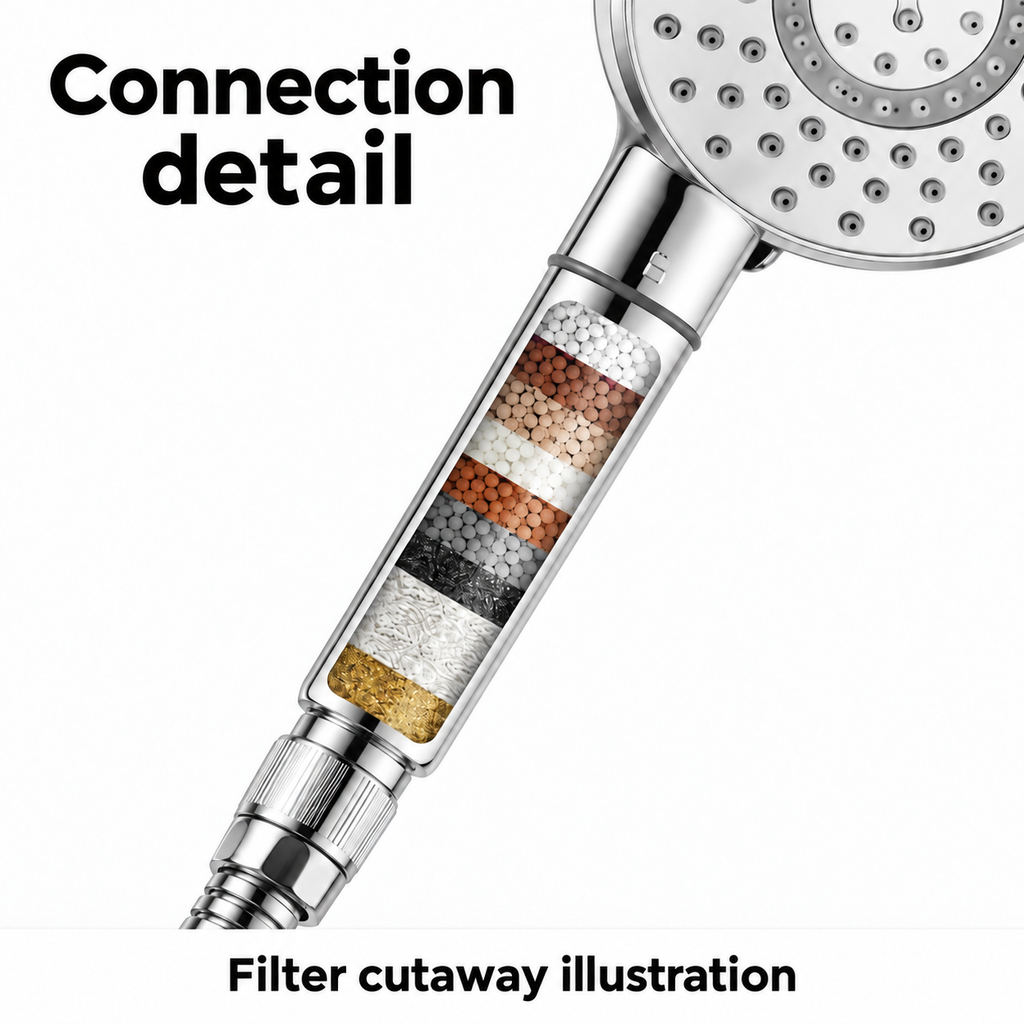AUHUB round chrome handheld shower with integrated long handle filter – Connection detail; filter cutaway illustration