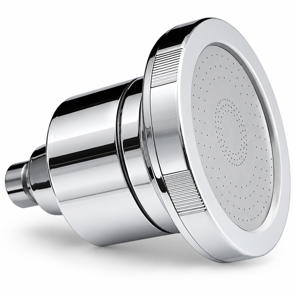 AUHUB chrome fixed round filtered shower head with finely perforated flat face and cylindrical cartridge housing – product view
