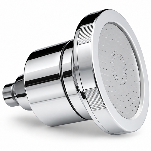 AUHUB chrome fixed round filtered shower head with finely perforated flat face and cylindrical cartridge housing – product view