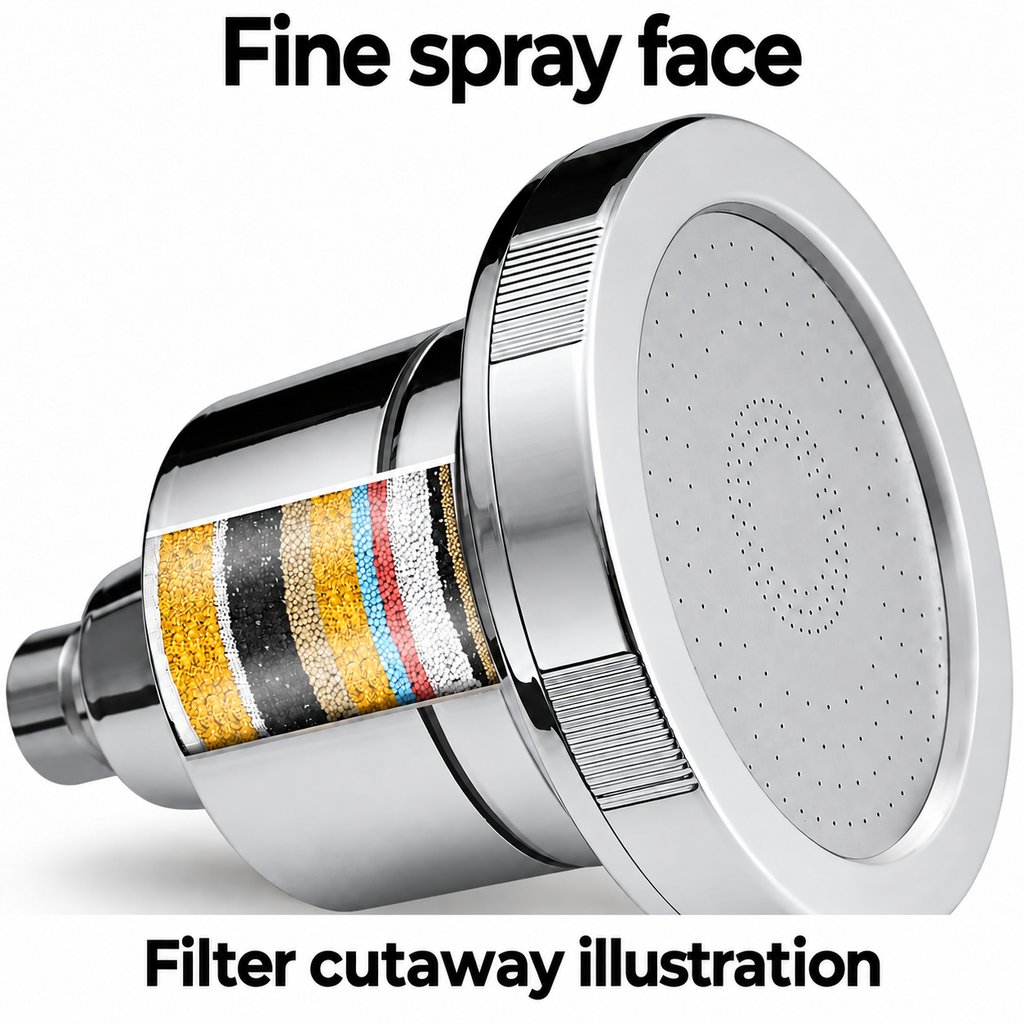 AUHUB chrome fixed round filtered shower head with finely perforated flat face and cylindrical cartridge housing – Fine spray face; filter cutaway illustration