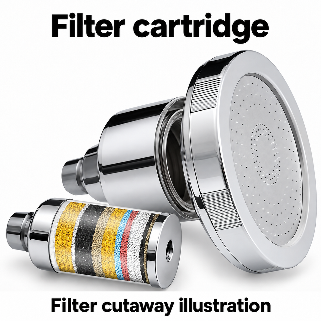 AUHUB chrome fixed round filtered shower head with finely perforated flat face and cylindrical cartridge housing – Filter cartridge; filter cutaway illustration