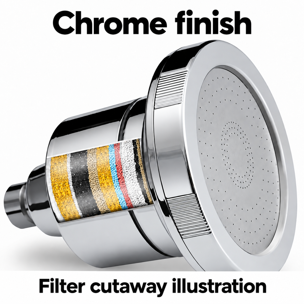 AUHUB chrome fixed round filtered shower head with finely perforated flat face and cylindrical cartridge housing – Chrome finish; filter cutaway illustration