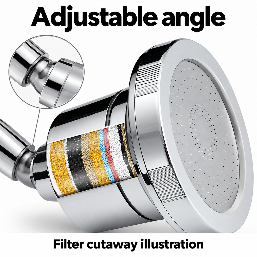 AUHUB chrome fixed round filtered shower head with finely perforated flat face and cylindrical cartridge housing – Adjustable angle; filter cutaway illustration