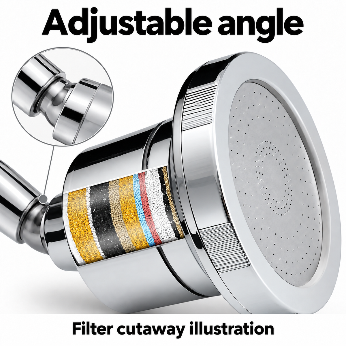 AUHUB chrome fixed round filtered shower head with finely perforated flat face and cylindrical cartridge housing – Adjustable angle; filter cutaway illustration