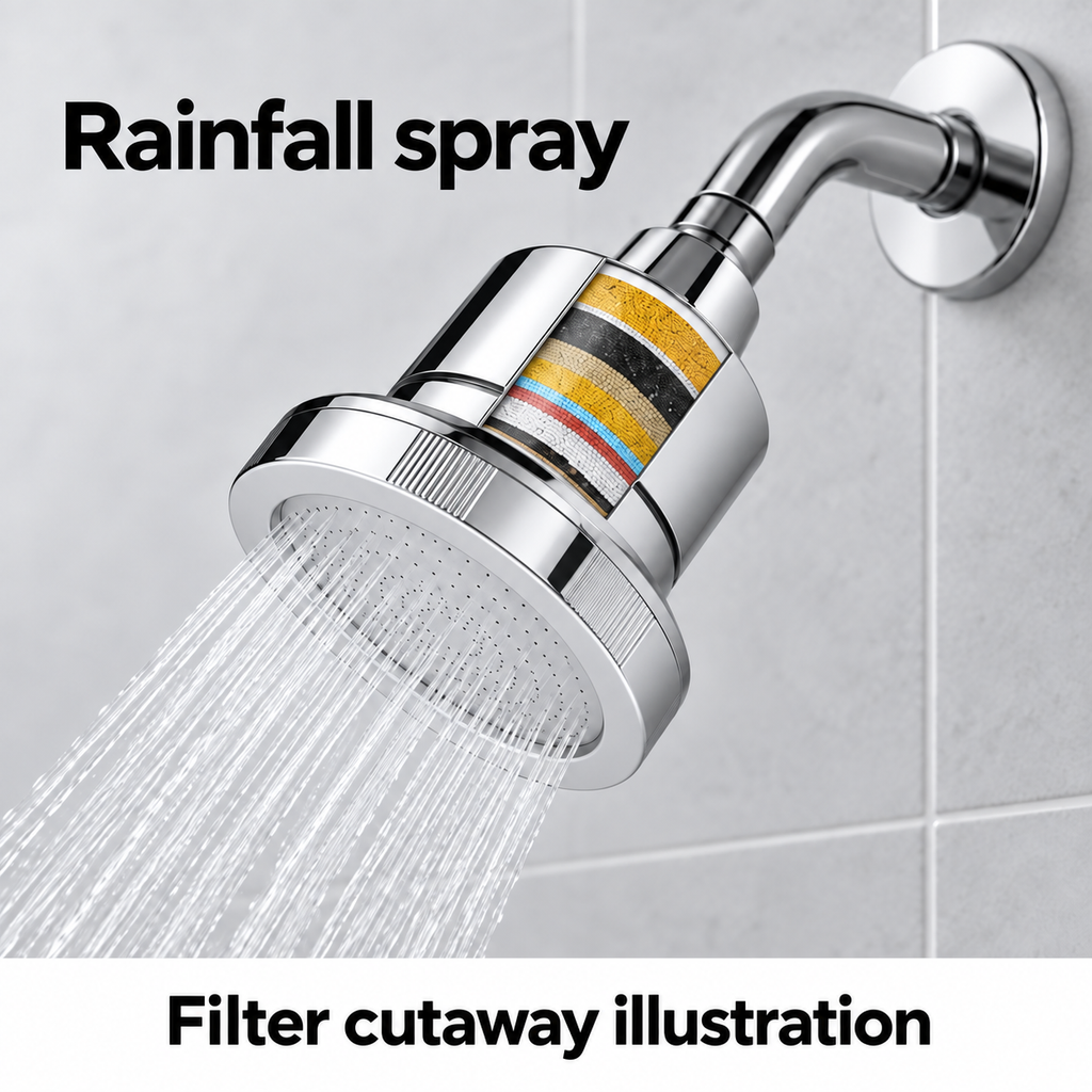 AUHUB chrome fixed round filtered shower head with finely perforated flat face and cylindrical cartridge housing – Rainfall spray; filter cutaway illustration