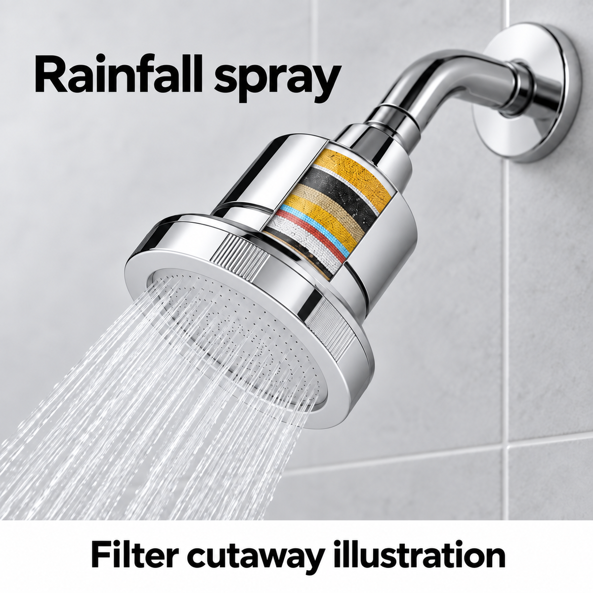 AUHUB chrome fixed round filtered shower head with finely perforated flat face and cylindrical cartridge housing – Rainfall spray; filter cutaway illustration