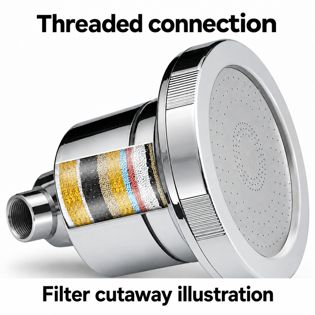 AUHUB chrome fixed round filtered shower head with finely perforated flat face and cylindrical cartridge housing – Threaded connection; filter cutaway illustration
