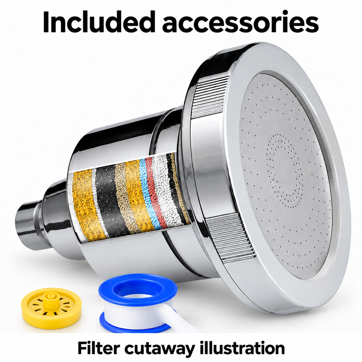 AUHUB chrome fixed round filtered shower head with finely perforated flat face and cylindrical cartridge housing – Included accessories; filter cutaway illustration