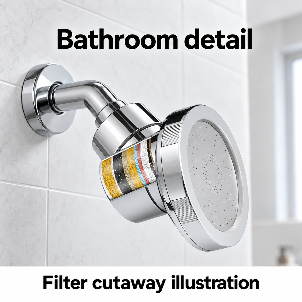 AUHUB chrome fixed round filtered shower head with finely perforated flat face and cylindrical cartridge housing – Bathroom detail; filter cutaway illustration