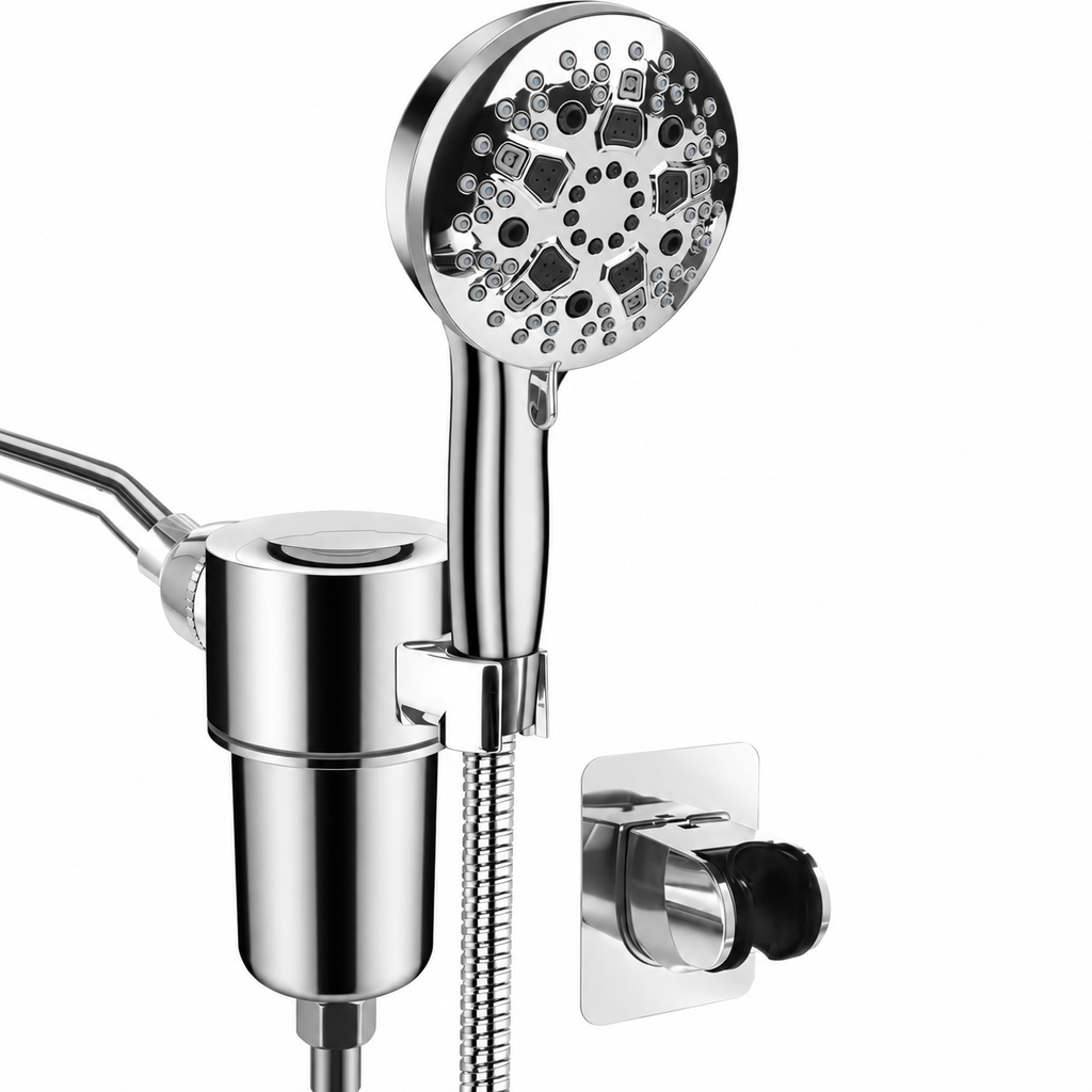 AUHUB chrome round nine-setting handheld shower with separate large cylindrical inline filter bracket and rear rectangular cleaning outlet – product view
