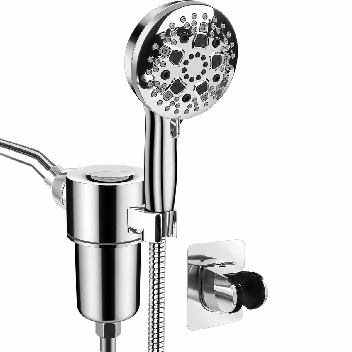 AUHUB chrome round nine-setting handheld shower with separate large cylindrical inline filter bracket and rear rectangular cleaning outlet – product view
