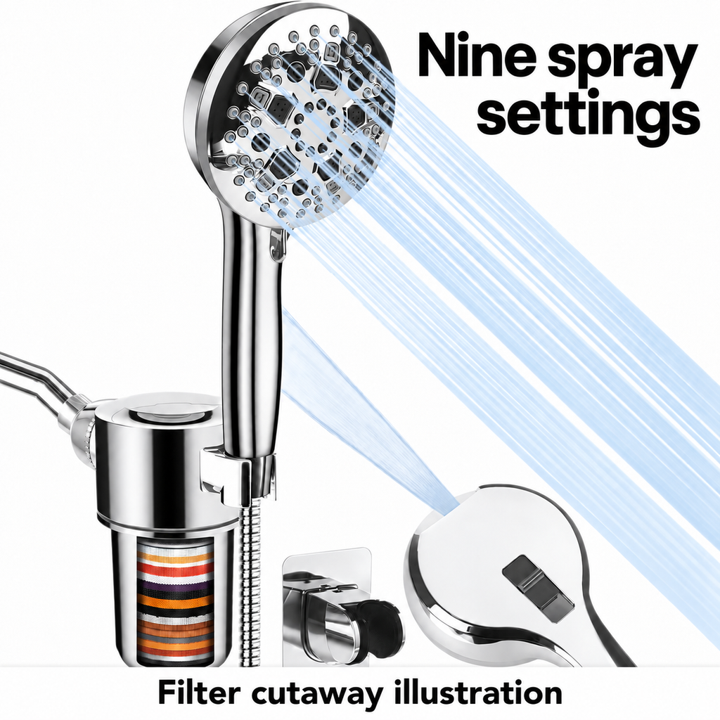 AUHUB chrome round nine-setting handheld shower with separate large cylindrical inline filter bracket and rear rectangular cleaning outlet – Nine spray settings; filter cutaway illustration