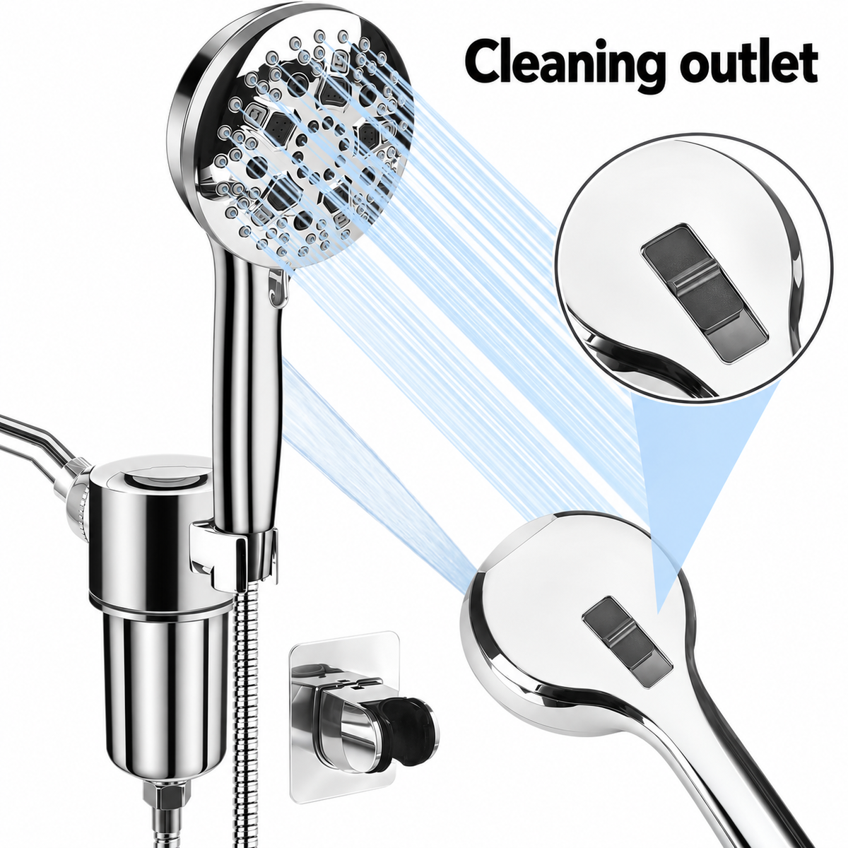 AUHUB chrome round nine-setting handheld shower with separate large cylindrical inline filter bracket and rear rectangular cleaning outlet – Cleaning outlet