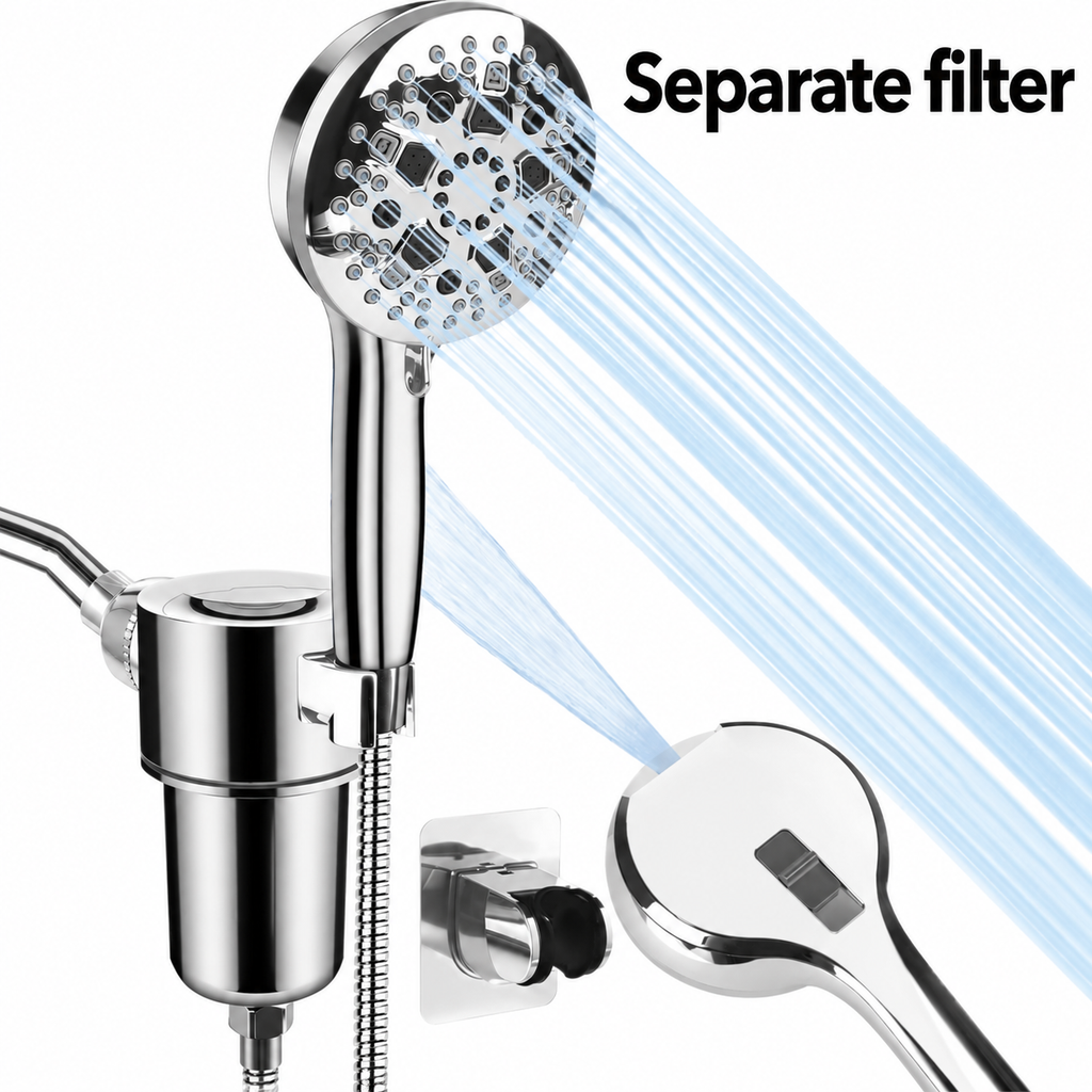 AUHUB chrome round nine-setting handheld shower with separate large cylindrical inline filter bracket and rear rectangular cleaning outlet – Separate filter