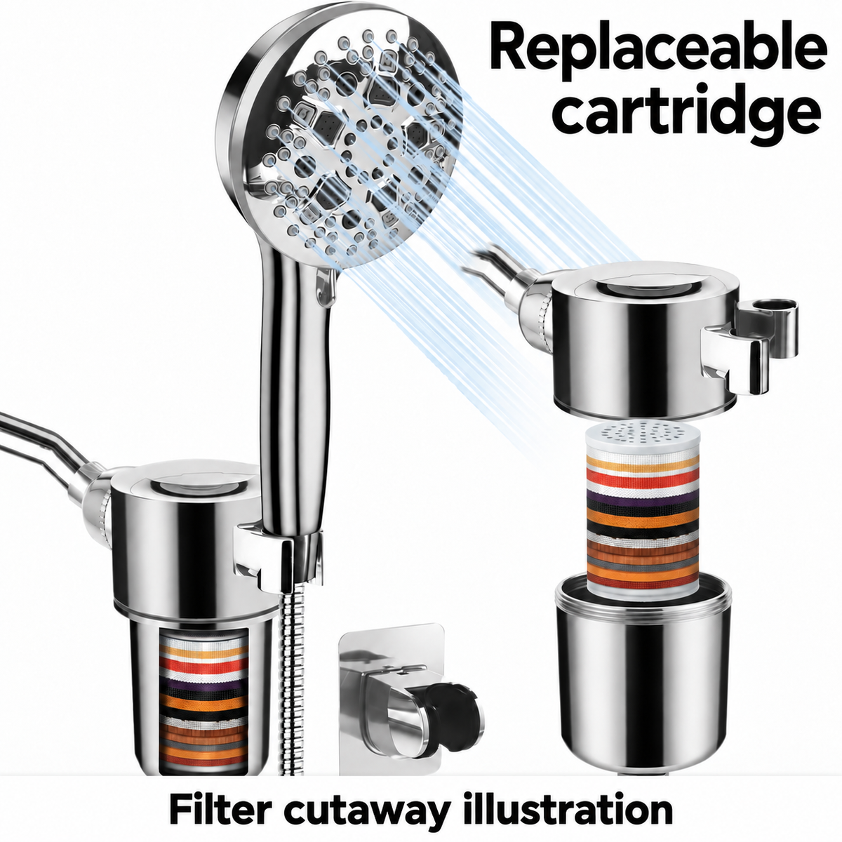 AUHUB chrome round nine-setting handheld shower with separate large cylindrical inline filter bracket and rear rectangular cleaning outlet – Replaceable cartridge; filter cutaway illustration