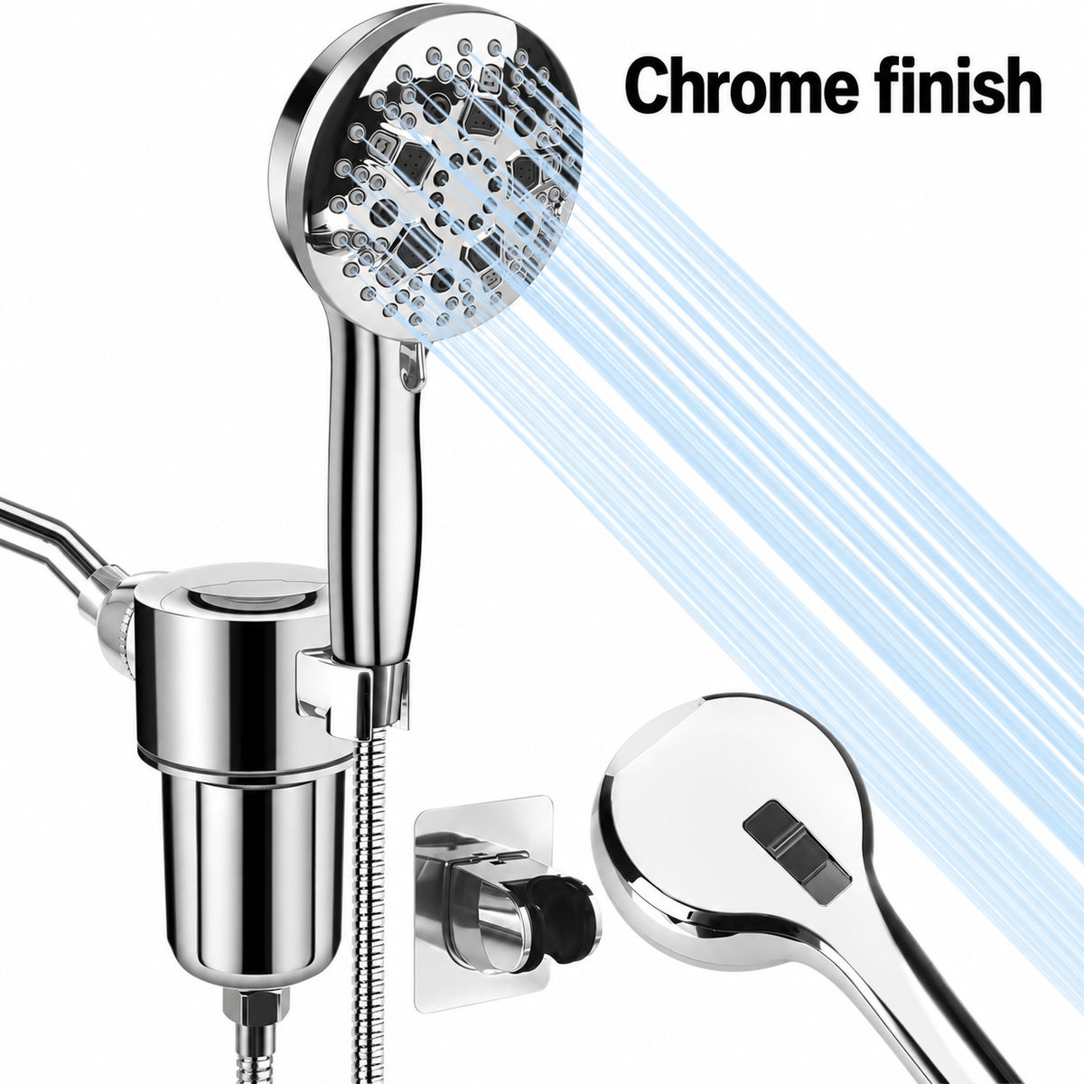 AUHUB chrome round nine-setting handheld shower with separate large cylindrical inline filter bracket and rear rectangular cleaning outlet – Chrome finish