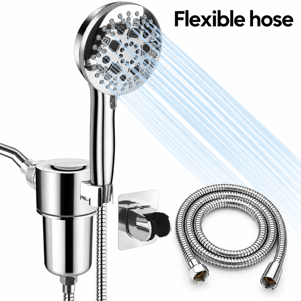 AUHUB chrome round nine-setting handheld shower with separate large cylindrical inline filter bracket and rear rectangular cleaning outlet – Flexible hose
