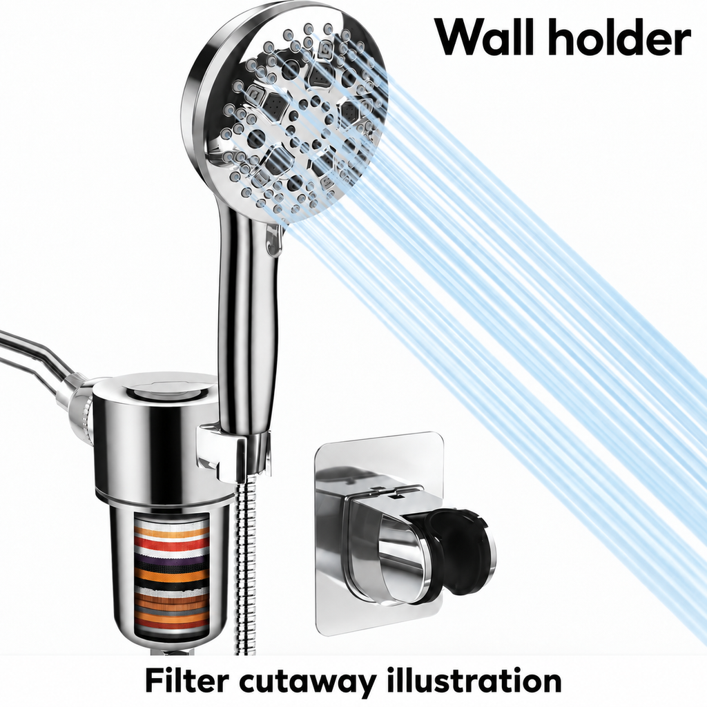 AUHUB chrome round nine-setting handheld shower with separate large cylindrical inline filter bracket and rear rectangular cleaning outlet – Wall holder; filter cutaway illustration