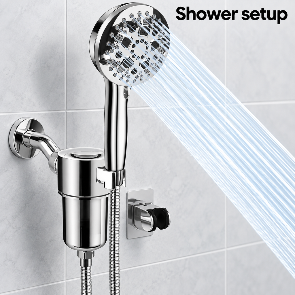 AUHUB chrome round nine-setting handheld shower with separate large cylindrical inline filter bracket and rear rectangular cleaning outlet – Shower setup