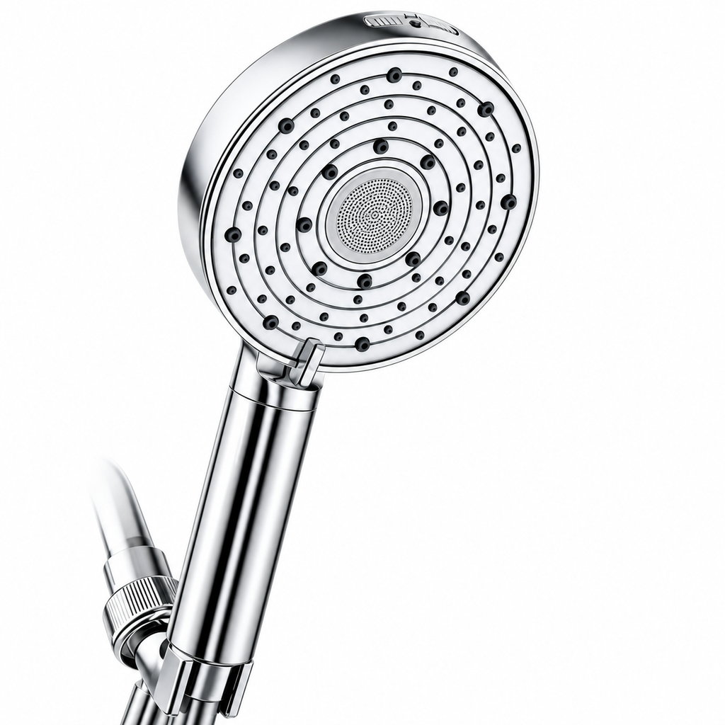 AUHUB chrome ten-setting round handheld filtered shower, concentric ring nozzles with fine central stainless spray disc and power wash outlet – product view