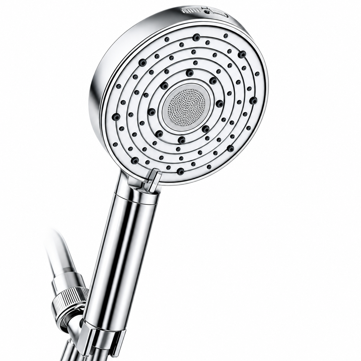 AUHUB chrome ten-setting round handheld filtered shower, concentric ring nozzles with fine central stainless spray disc and power wash outlet – product view