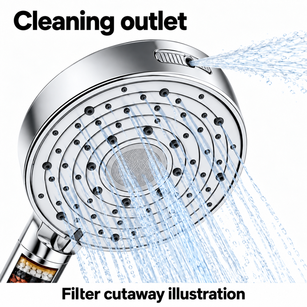 AUHUB chrome ten-setting round handheld filtered shower, concentric ring nozzles with fine central stainless spray disc and power wash outlet – Cleaning outlet; filter cutaway illustration