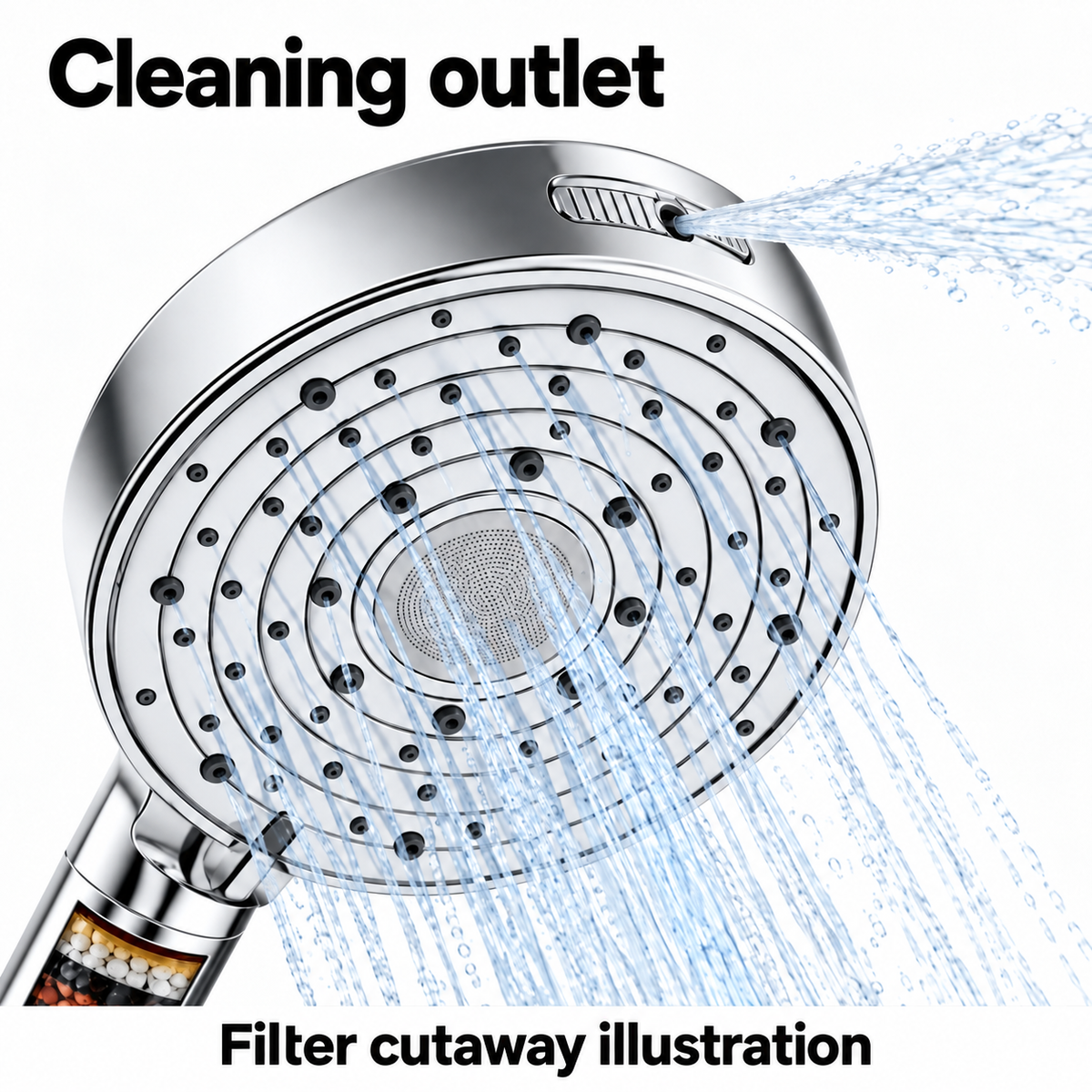 AUHUB chrome ten-setting round handheld filtered shower, concentric ring nozzles with fine central stainless spray disc and power wash outlet – Cleaning outlet; filter cutaway illustration