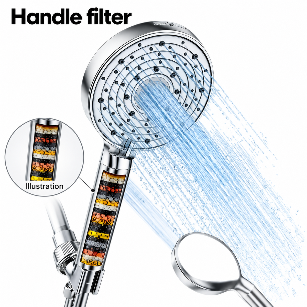 AUHUB chrome ten-setting round handheld filtered shower, concentric ring nozzles with fine central stainless spray disc and power wash outlet – Handle filter
