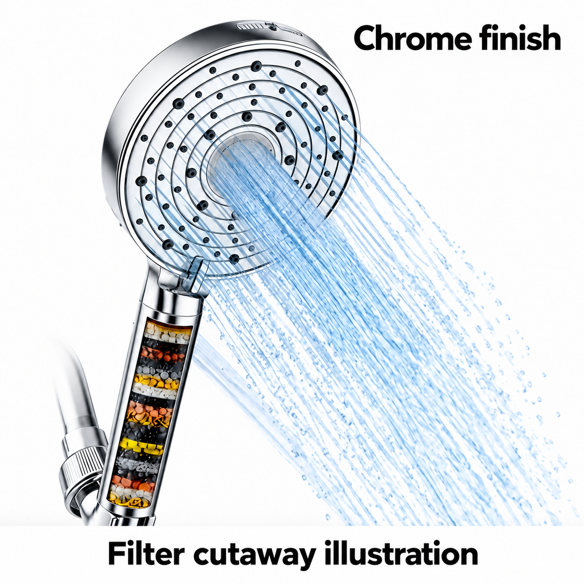 AUHUB chrome ten-setting round handheld filtered shower, concentric ring nozzles with fine central stainless spray disc and power wash outlet – Chrome finish; filter cutaway illustration