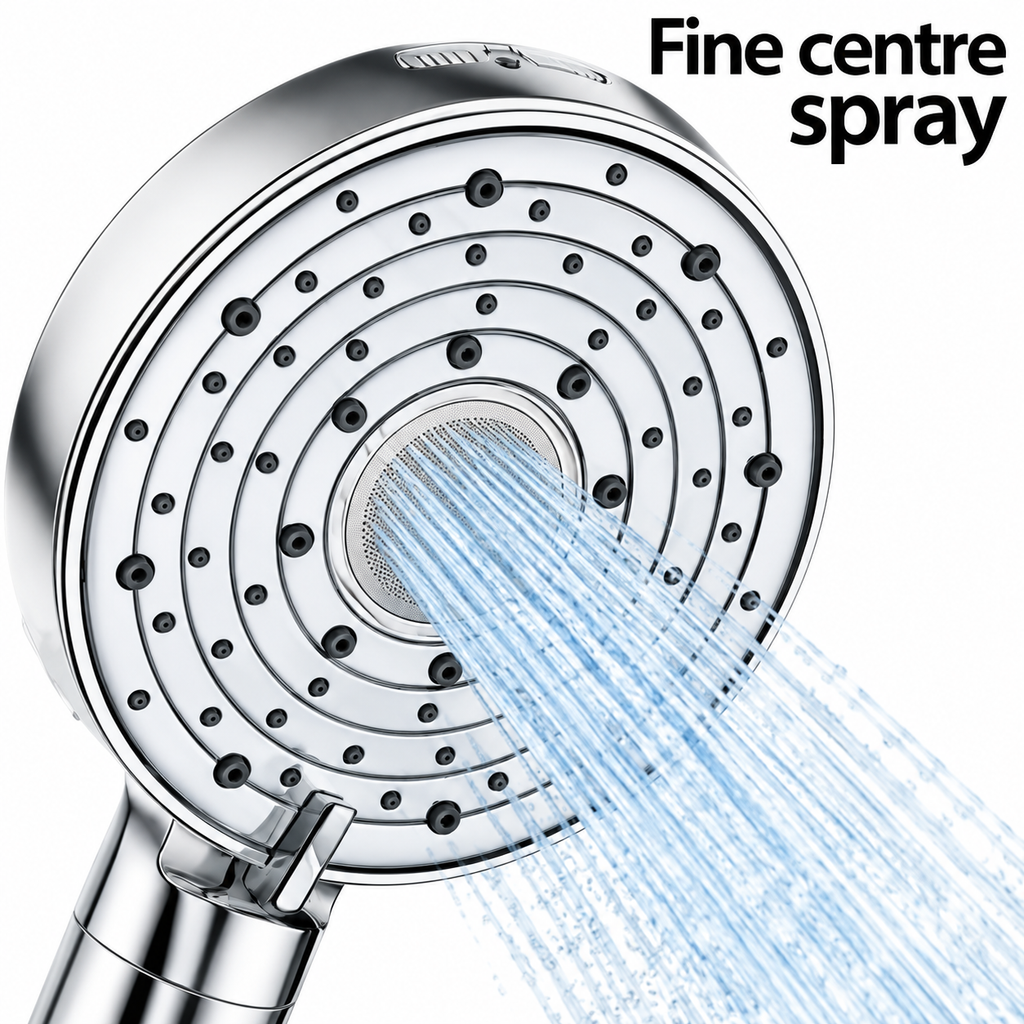 AUHUB chrome ten-setting round handheld filtered shower, concentric ring nozzles with fine central stainless spray disc and power wash outlet – Fine centre spray