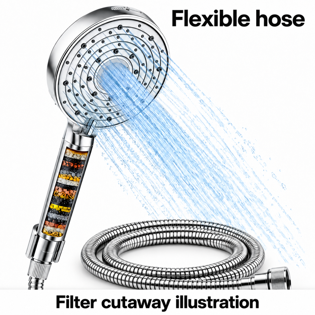 AUHUB chrome ten-setting round handheld filtered shower, concentric ring nozzles with fine central stainless spray disc and power wash outlet – Flexible hose; filter cutaway illustration