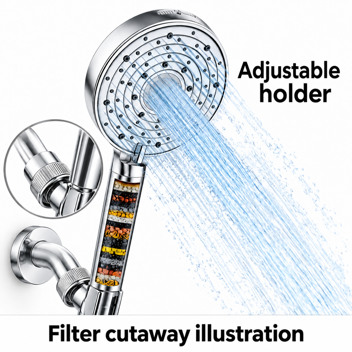 AUHUB chrome ten-setting round handheld filtered shower, concentric ring nozzles with fine central stainless spray disc and power wash outlet – Adjustable holder; filter cutaway illustration