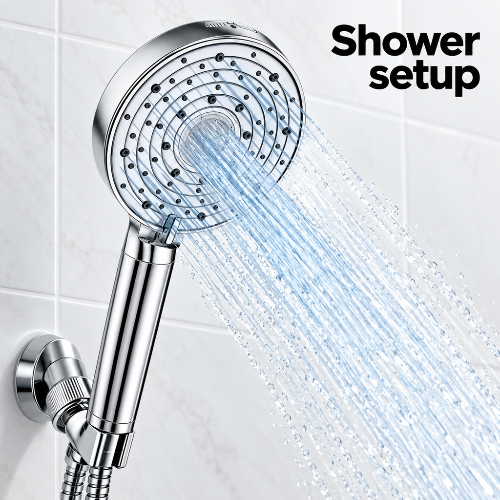 AUHUB chrome ten-setting round handheld filtered shower, concentric ring nozzles with fine central stainless spray disc and power wash outlet – Shower setup