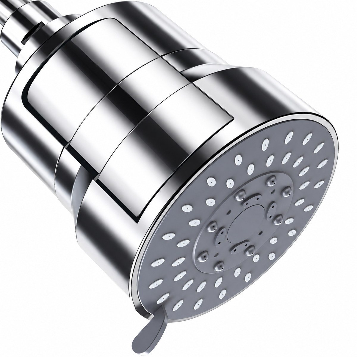 AUHUB chrome fixed filtered shower head with broad round grey nozzle face, small mode lever and large cylinder filter housing – product view