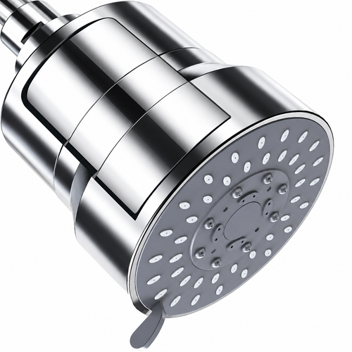 AUHUB chrome fixed filtered shower head with broad round grey nozzle face, small mode lever and large cylinder filter housing – product view