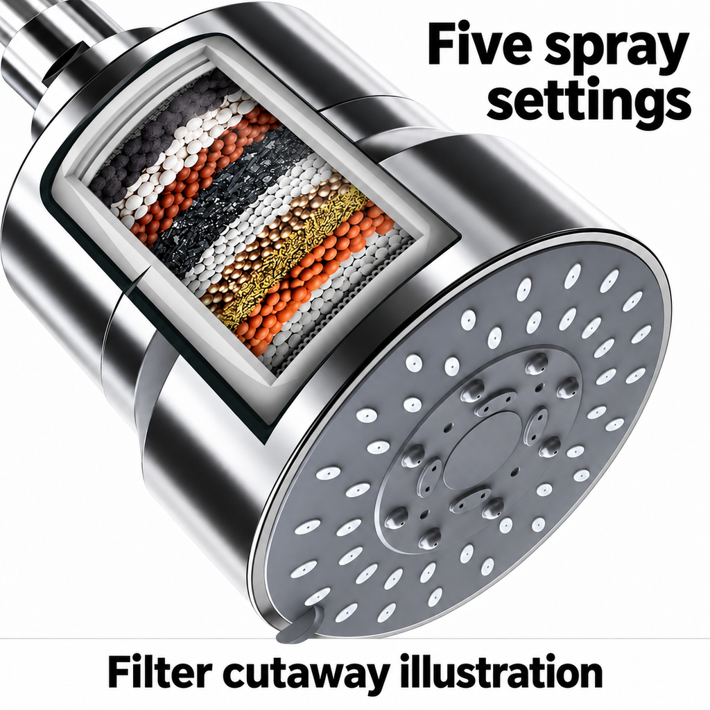 AUHUB chrome fixed filtered shower head with broad round grey nozzle face, small mode lever and large cylinder filter housing – Five spray settings; filter cutaway illustration