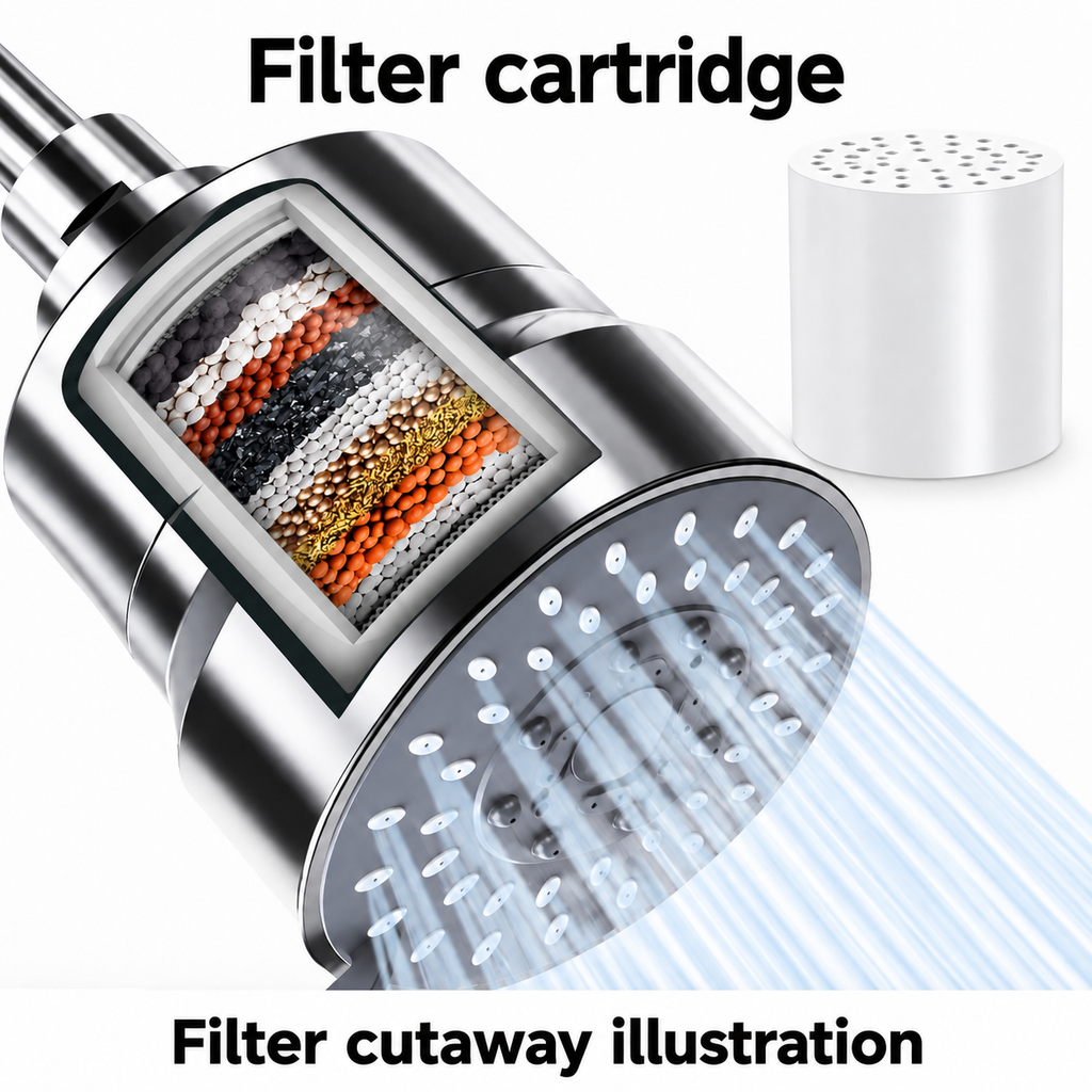 AUHUB chrome fixed filtered shower head with broad round grey nozzle face, small mode lever and large cylinder filter housing – Filter cartridge; filter cutaway illustration