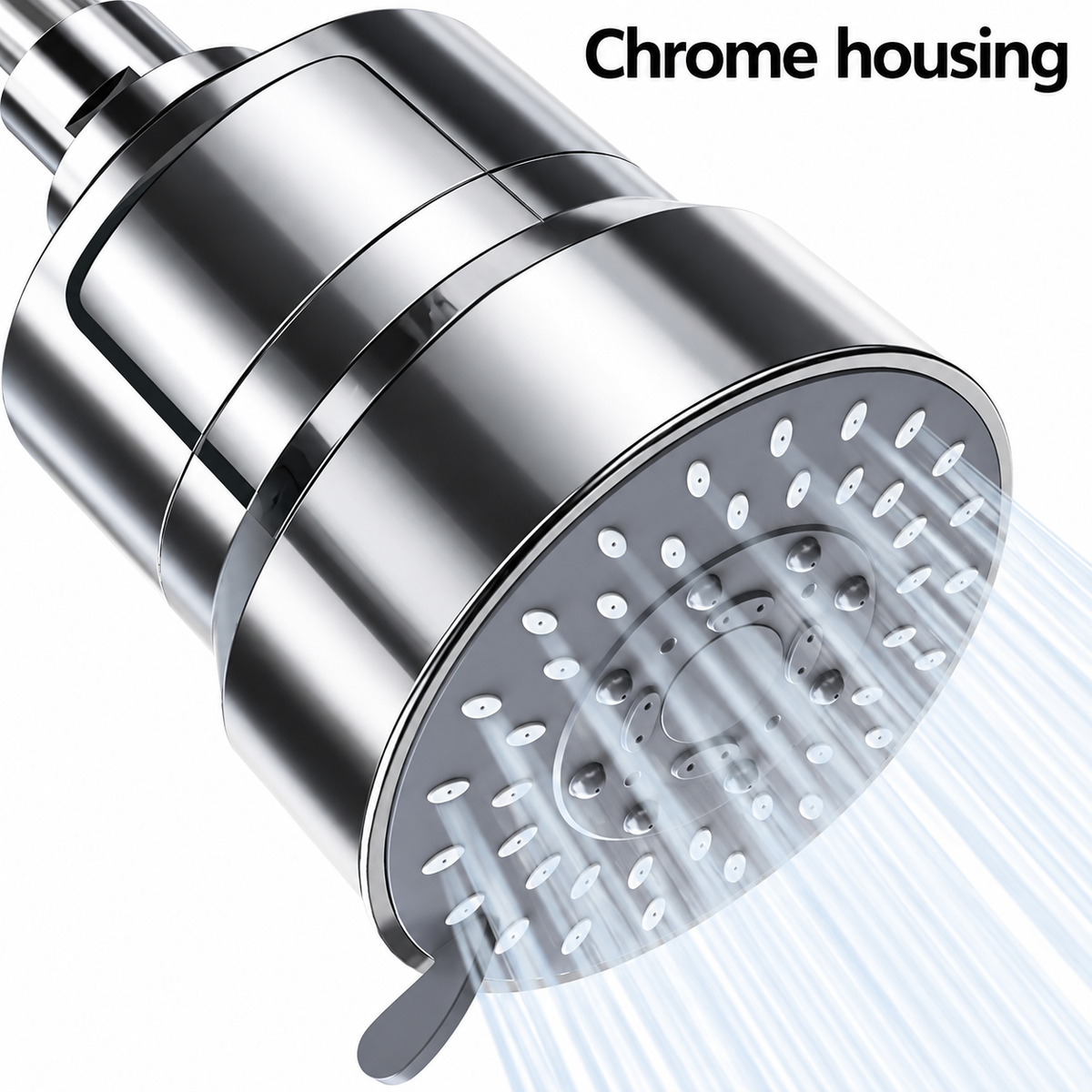AUHUB chrome fixed filtered shower head with broad round grey nozzle face, small mode lever and large cylinder filter housing – Chrome housing