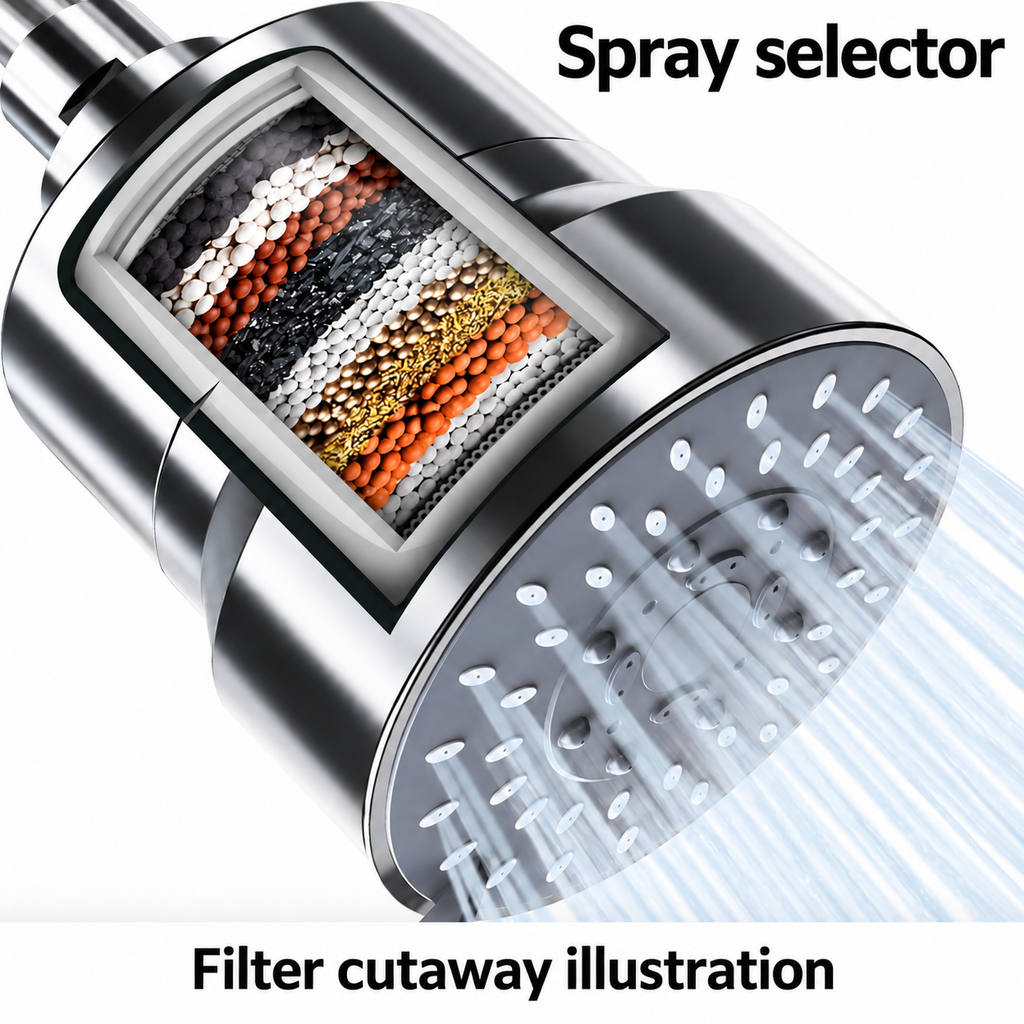 AUHUB chrome fixed filtered shower head with broad round grey nozzle face, small mode lever and large cylinder filter housing – Spray selector; filter cutaway illustration