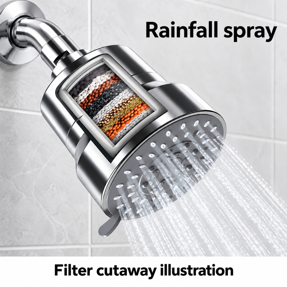 AUHUB chrome fixed filtered shower head with broad round grey nozzle face, small mode lever and large cylinder filter housing – Rainfall spray; filter cutaway illustration