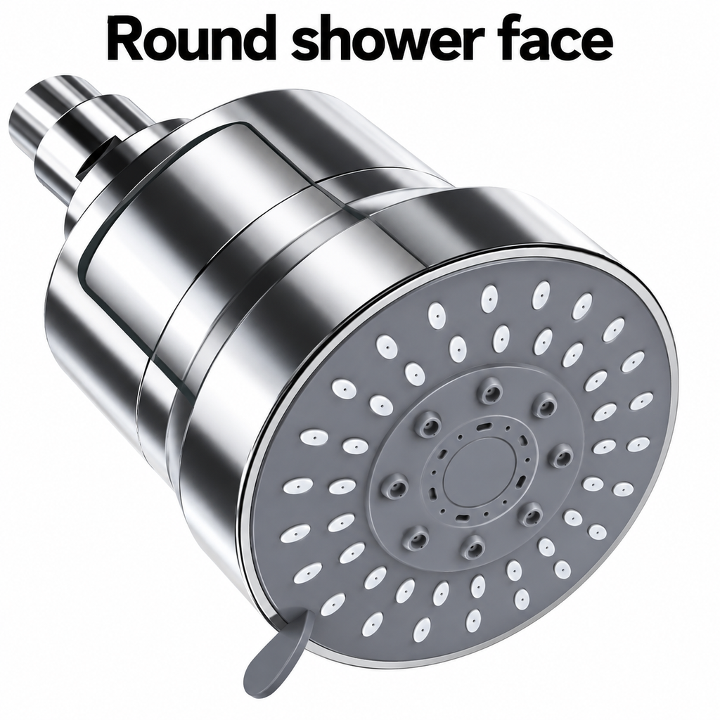 AUHUB chrome fixed filtered shower head with broad round grey nozzle face, small mode lever and large cylinder filter housing – Round shower face