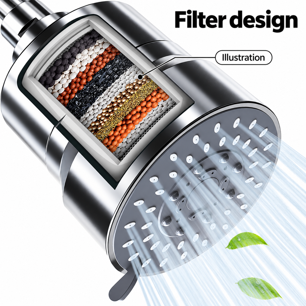 AUHUB chrome fixed filtered shower head with broad round grey nozzle face, small mode lever and large cylinder filter housing – Filter design