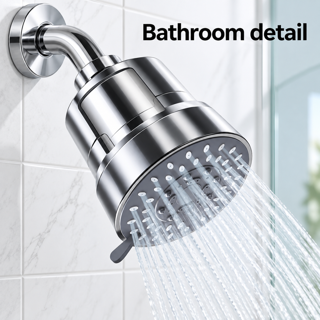 AUHUB chrome fixed filtered shower head with broad round grey nozzle face, small mode lever and large cylinder filter housing – Bathroom detail