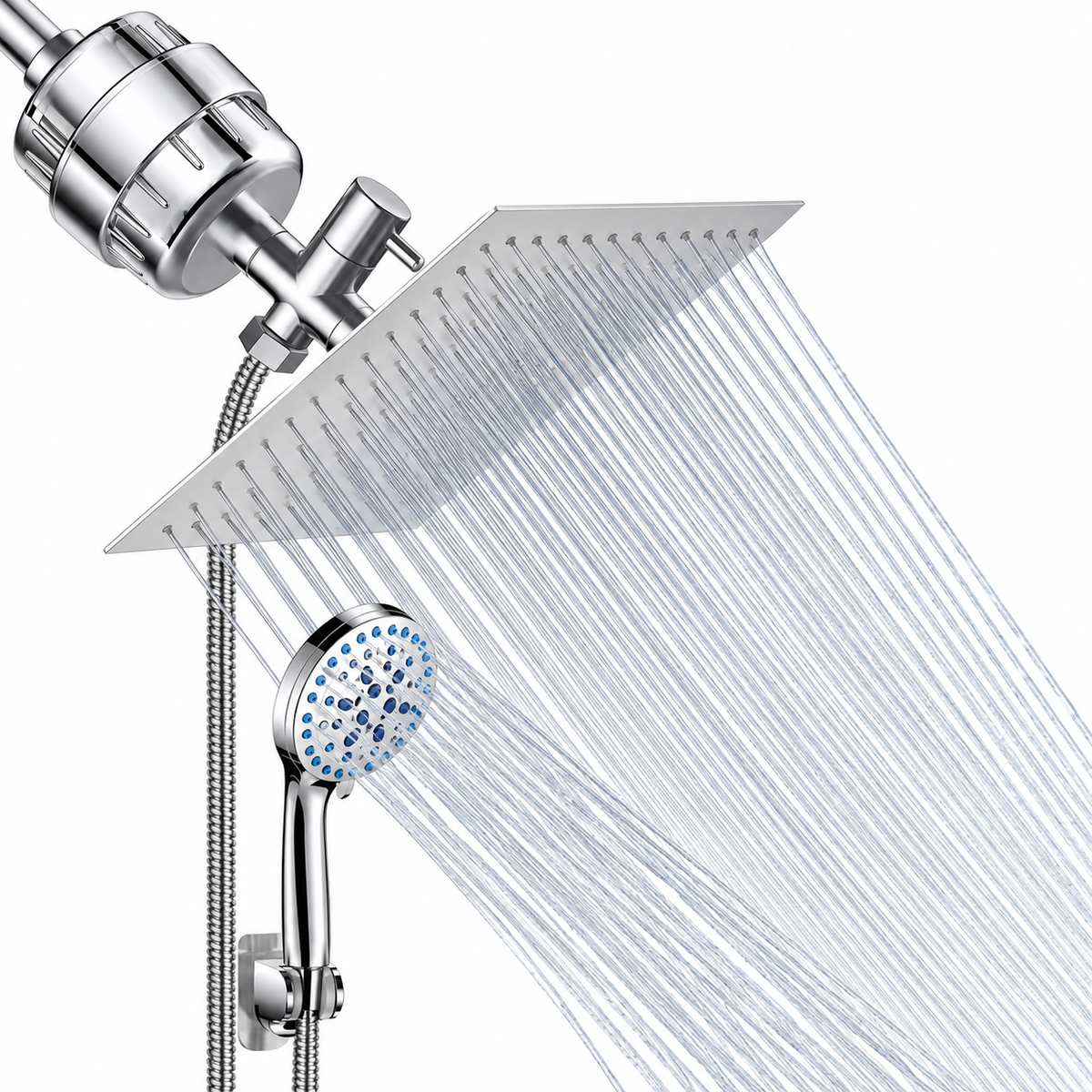 AUHUB chrome filtered dual shower set with thin square silver rainfall head and seven-setting round hand shower with blue nozzles, separate inline shower filter – product view