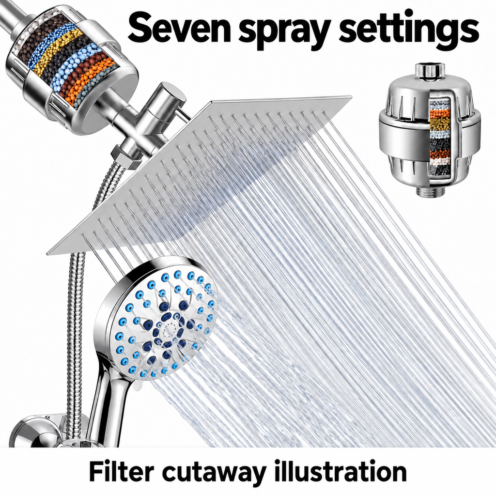 AUHUB chrome filtered dual shower set with thin square silver rainfall head and seven-setting round hand shower with blue nozzles, separate inline shower filter – Seven spray settings; filter cutaway illustration