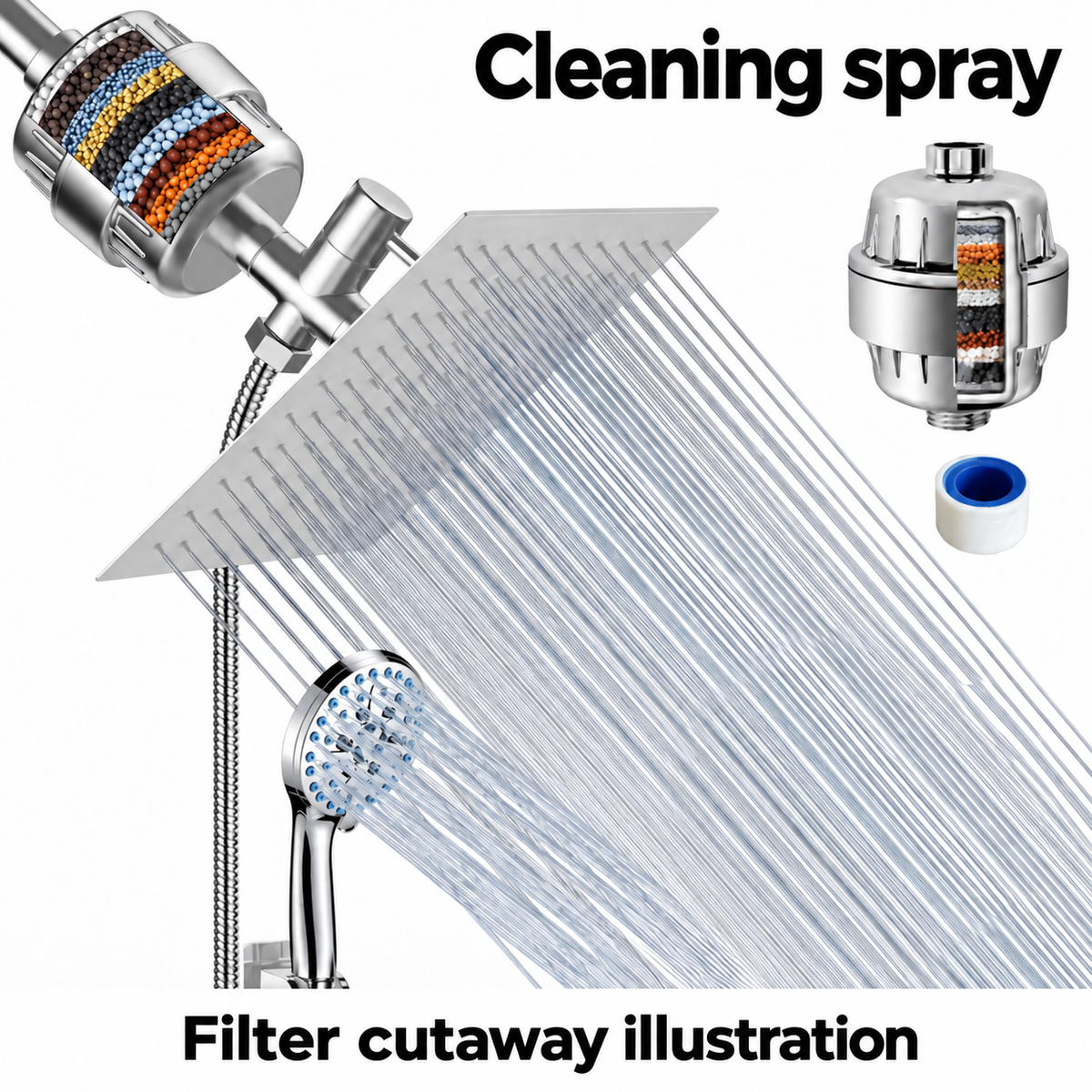 AUHUB chrome filtered dual shower set with thin square silver rainfall head and seven-setting round hand shower with blue nozzles, separate inline shower filter – Cleaning spray; filter cutaway illustration