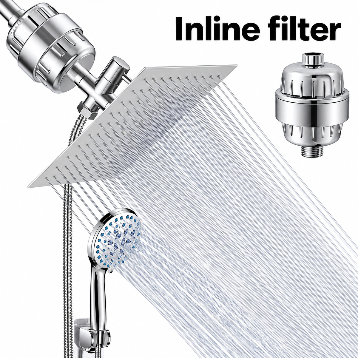 AUHUB chrome filtered dual shower set with thin square silver rainfall head and seven-setting round hand shower with blue nozzles, separate inline shower filter – Inline filter